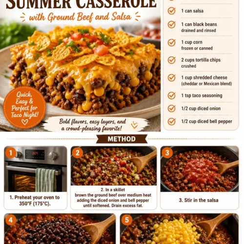 Delicious Taco Tuesday casserole with ground beef and salsa, ideal for summer meals.