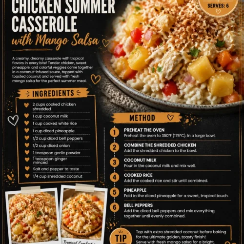 Tropical coconut chicken casserole served with mango salsa on top.