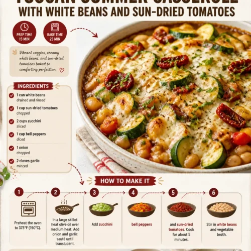 Tuscan Summer Casserole with white beans and sun-dried tomatoes in a baking dish