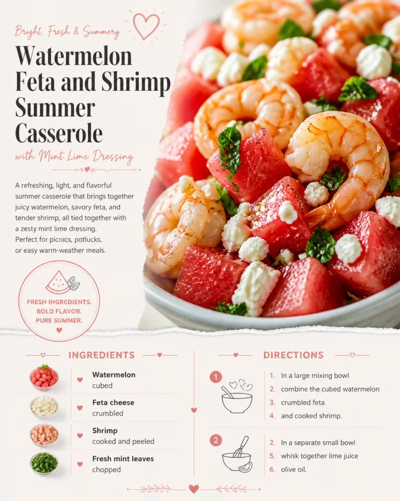 Watermelon Feta and Shrimp Summer Casserole with Mint Lime Dressing