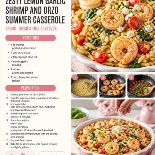 Delicious lemon garlic shrimp and orzo casserole served on a plate