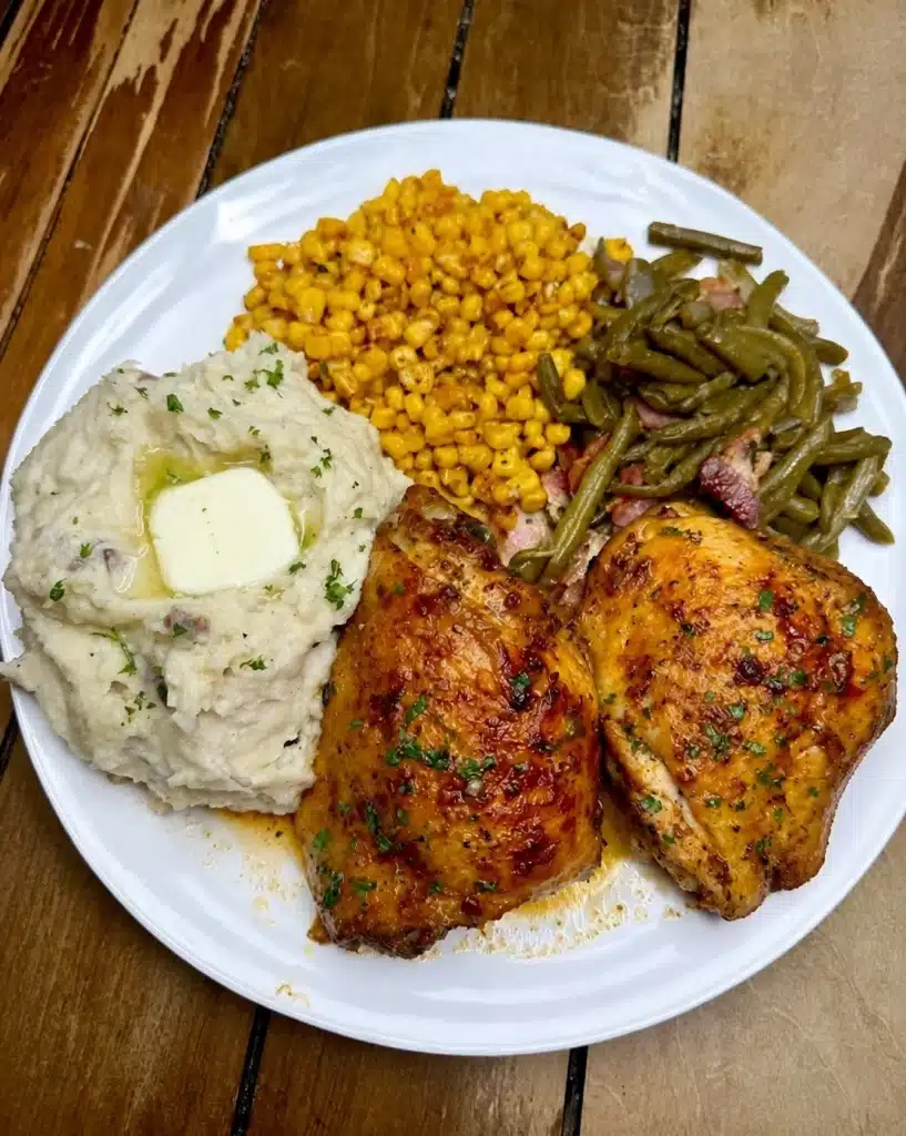 Baked chicken thighs dinner with green beans, corn & mashed potatoes