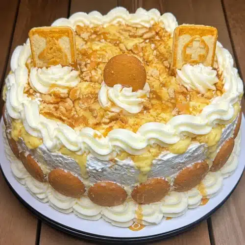 Delicious banana pudding cake showcasing layers of bananas and creamy pudding