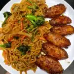Chicken wings and stir-fry noodles One of my favorite combos