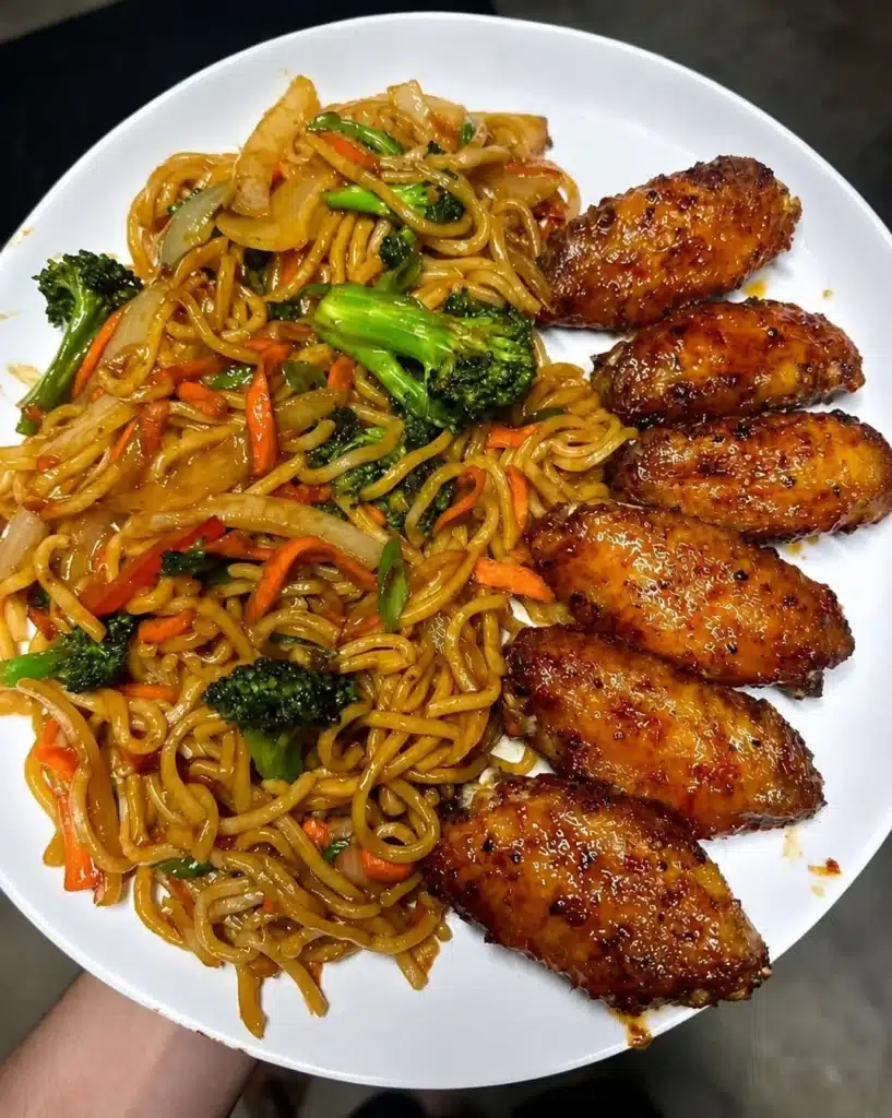 Chicken wings and stir-fry noodles One of my favorite combos