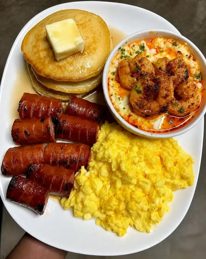 shrimp and grits breakfast with pancakes, sausage and cheesy scrambled eggs