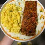 Salmon and cheesy eggs with grits