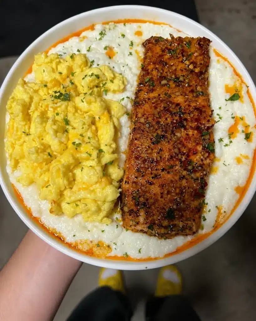 Salmon and cheesy eggs with grits