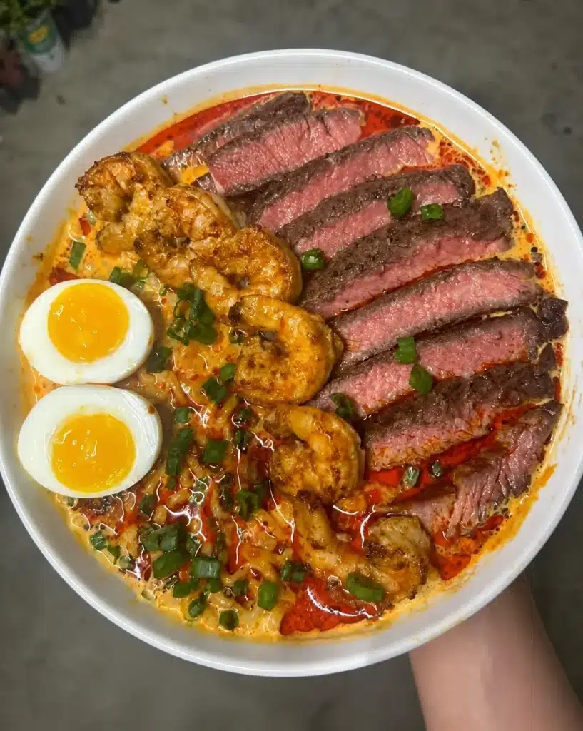 Steak and shrimp ramen 🔥 I love noodles